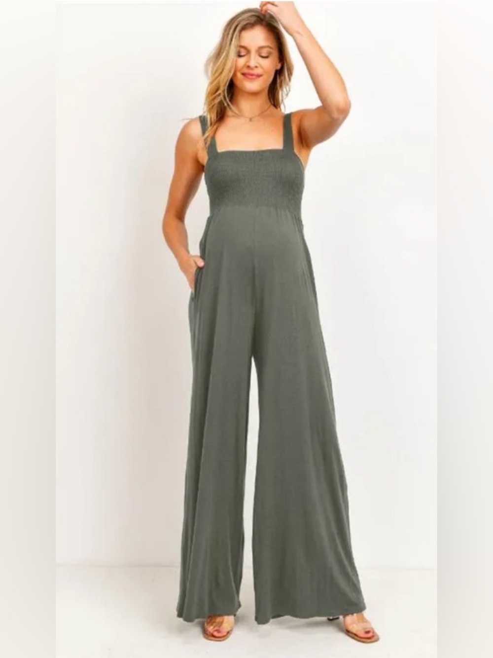 HELLO MIZ - SLEEVELESS SMOCKED MATERNITY WIDELEG JUMPSUIT, OLIVE small